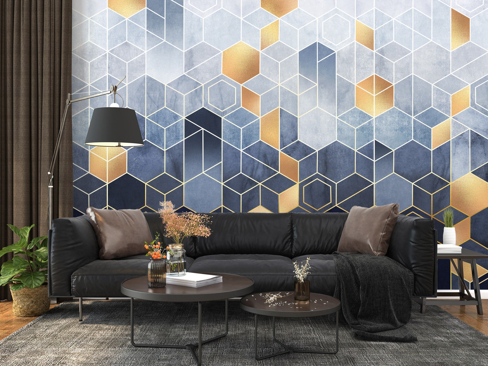 Hexagons Wallpaper Peel and Stick Blue Gold Geometric Wall Etsy