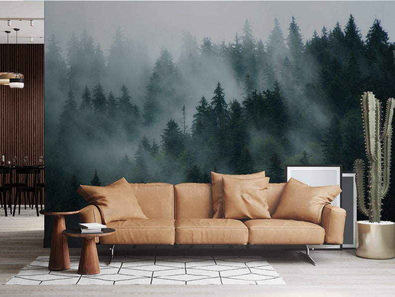 Misty Forest Wallpaper: Peel and Stick Foggy Trees Wall Mural - Etsy