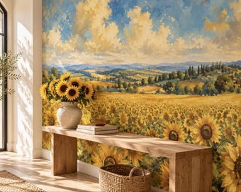 Sunflower Field Wall Mural | Tuscany Landscape Wallpaper | Bright Kitchen Dining Room Cafe Decor
