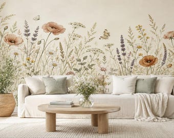 Wildflower Meadow Wall Mural | Watercolor Butterfly Nursery Wallpaper | Cottagecore Girls Room Peel and Stick