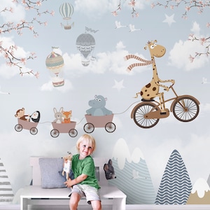 Animals Cycling Kids Wallpaper, Peel and Stick Mountains Hot Balloons Wall Mural, Nursery Self Adhesive Removable Baby Wallpaper