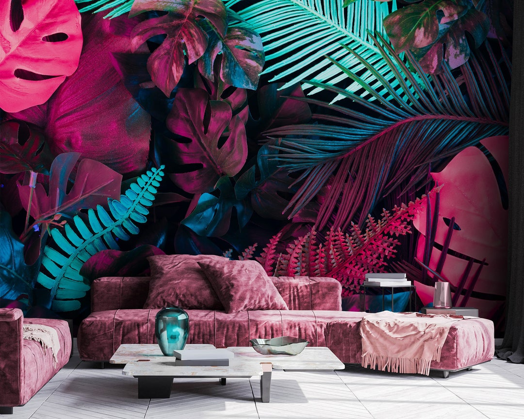 Tropical Leaves Wallpaper Peel and Stick Colorful Wall Mural Neon Self ...
