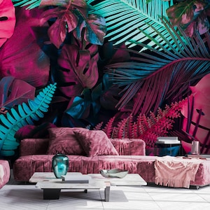 Carta da parati adesiva tropicale con foglie, stacca e attacca, murale colorato, carta da parati autoadesiva al neon