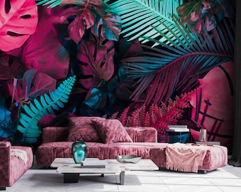 Tropical Leaves Wallpaper Peel and Stick Colorful Wall Mural Neon Self Adhesive Wallpaper