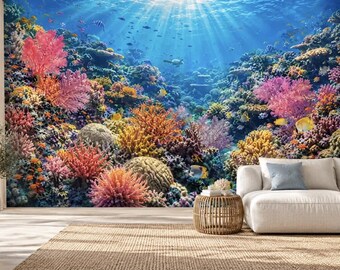 Coral Reef Wall Mural | Underwater Tropical Fish Wallpaper | Kids Room Bathroom Living Room Decor