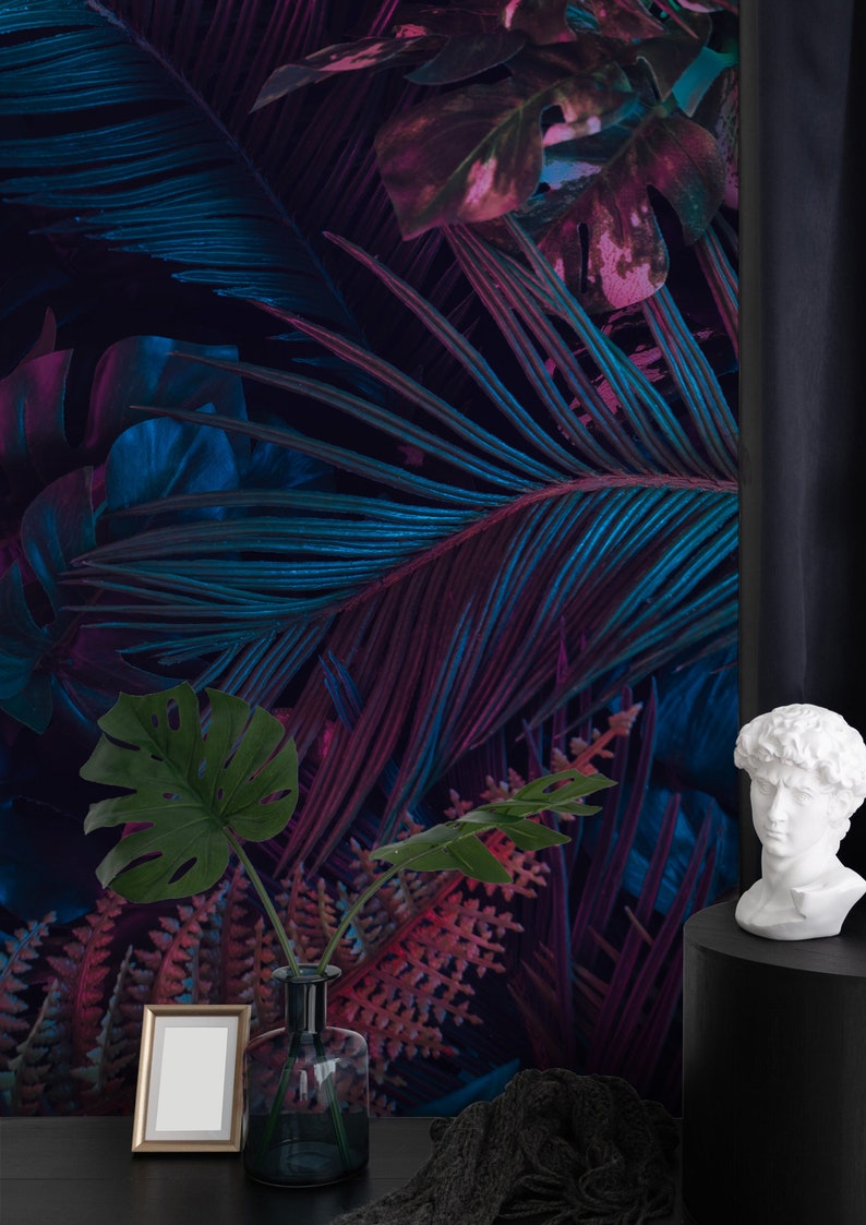 Tropical Leaves Peel and Stick Wallpaper, Neon Botanical Wall Mural - Etsy