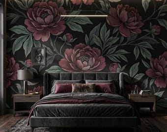 Dark Floral Peony Wallpaper, Moody Burgundy Botanical Wall Decor (Peel and Stick)