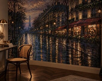 Parisian Rainy Evening Wall Mural | Eiffel Tower, Cafe, Impressionist Style (Custom Size)