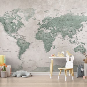 Kids World Map Wallpaper, Peel and Stick Educational Wall Mural, Nursery Baby Room Self Adhesive Removable Wallpaper