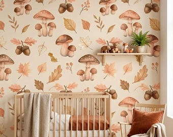 Woodland Mushroom Wallpaper, Whimsical Botanical Nursery Decor (Peel and Stick)