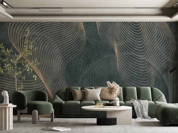 Gold Wavy Lines on Concrete Art Wallpaper Green and Gold - Etsy