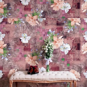 May include: A decorative bench with a tufted cream-colored seat and ornate wooden legs. Brown leather shoes with red laces and a bouquet of white flowers are on the bench, set against a floral patterned wall.