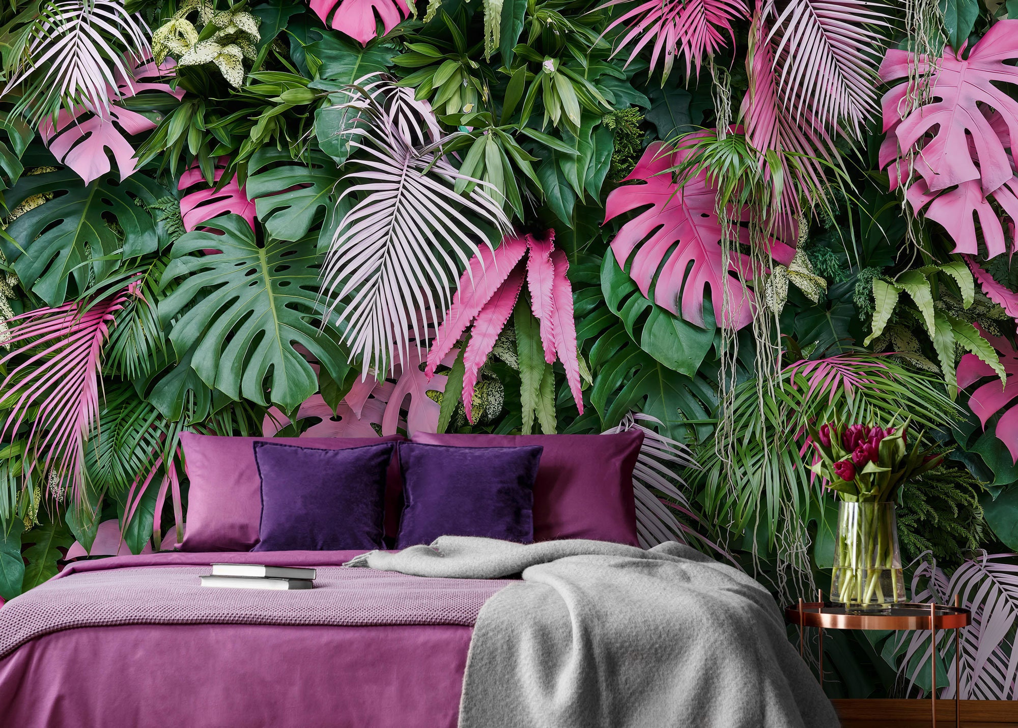 Tropical Leaf Wallpaper Peel and Stick Pink Leaf Exotic Wall - Etsy - Print On Demand Peel And Stick Wallpaper