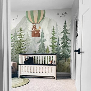 Watercolor Forest Kids Wallpaper Peel and Stick Mountain Hot Baloon ...