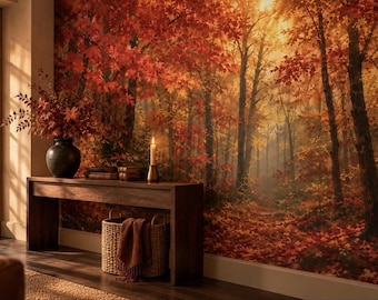 Autumn Maple Forest Wall Mural | Red Orange Woodland Path Wallpaper (Custom Size)