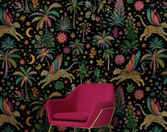 Dark Tropical Wallpaper, Exotic Leopard Jungle, Maximalist Botanical Mural
