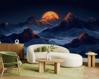 Dramatic Moonlit Mountain Wallpaper, Midnight Landscape Mural (Customizable)