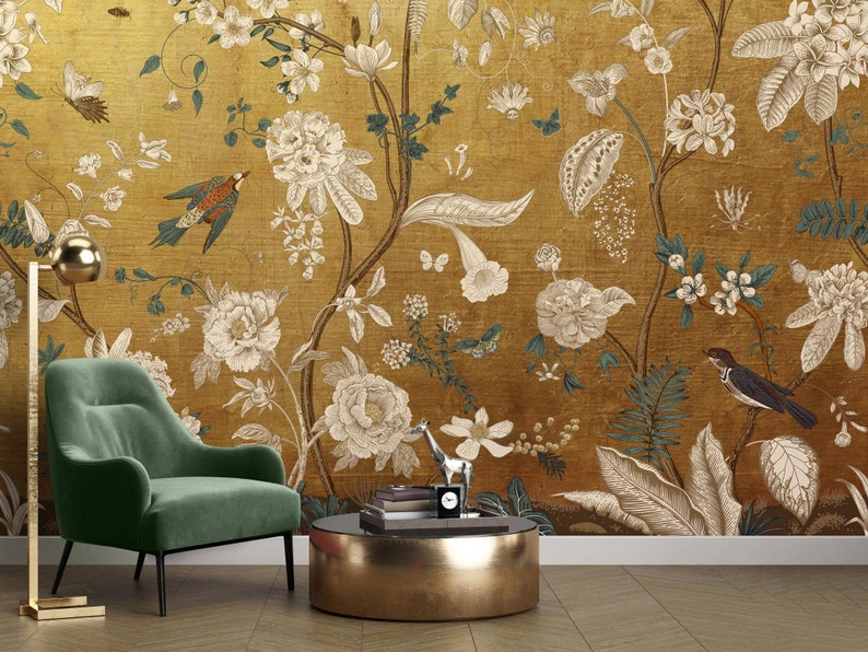 Vintage Chinoiserie Peel and Stick Wallpaper with Birds, Gold Vintage Chinoiserie Botanical Wallpaper Mural, Wallpaper With Birds and Flower