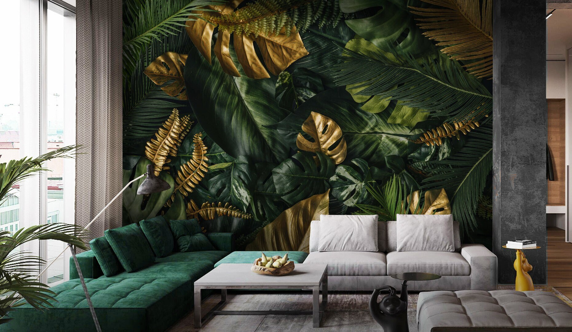 Tropical Leaf Wallpaper Dark Peel and Stick, Gold Leaf Exotic Wall Mural, Monstera Leaves Wallpaper
