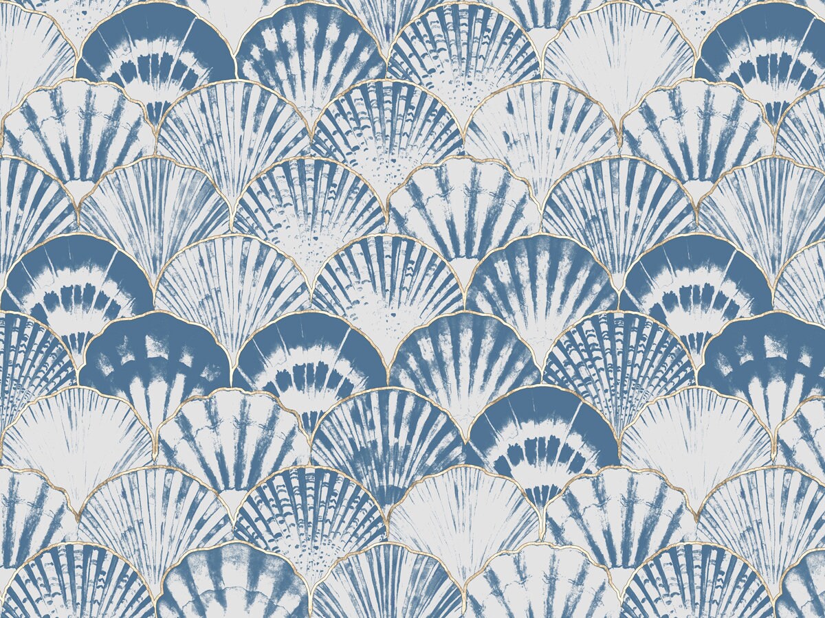 Seashell Pattern Wallpaper, Blue Gold Peel and Stick Wall Mural - Etsy