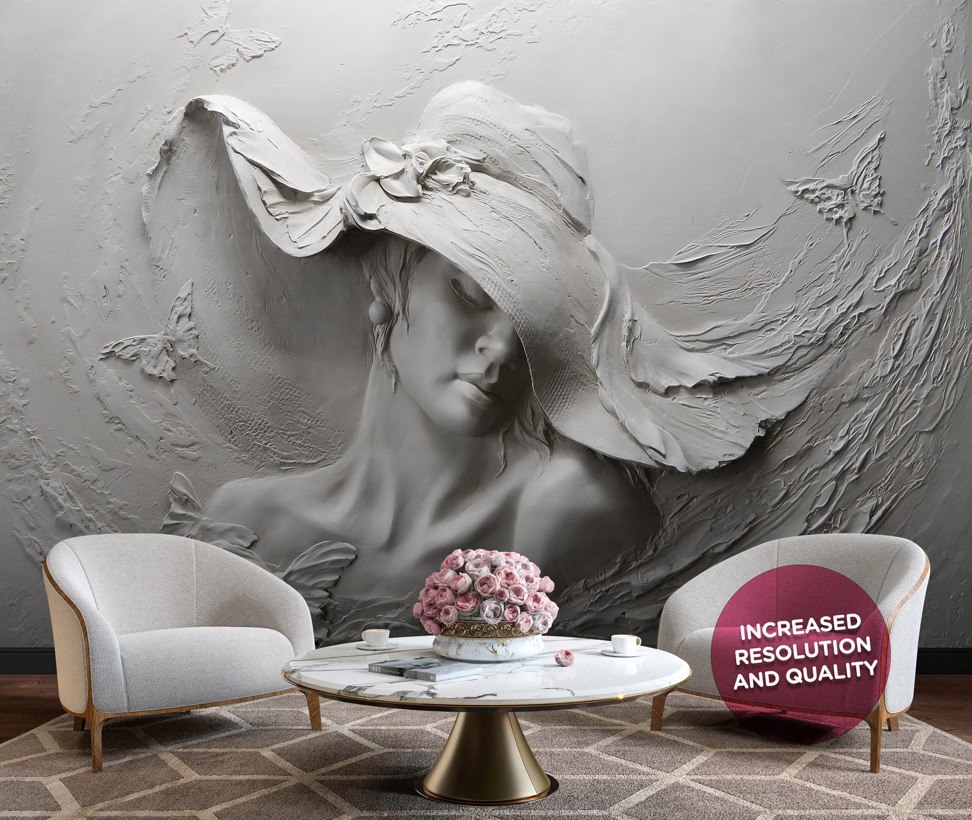 3D Wallpaper, 3D Embossed Effect, 3D Rose Wall Mural, Gray Relief Wallpaper,  Wall Mural, Self Adhesive Wallpaper, Removable Relief Mural 