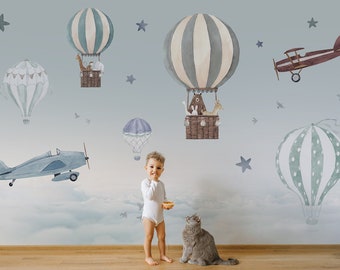 Hot Air Balloon Kids Wallpaper: Removable Nursery Decor, Peel and Stick