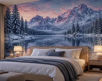 Frozen Lake Mountain Mural | Winter Pine Forest Sunrise Wallpaper (Custom Size)
