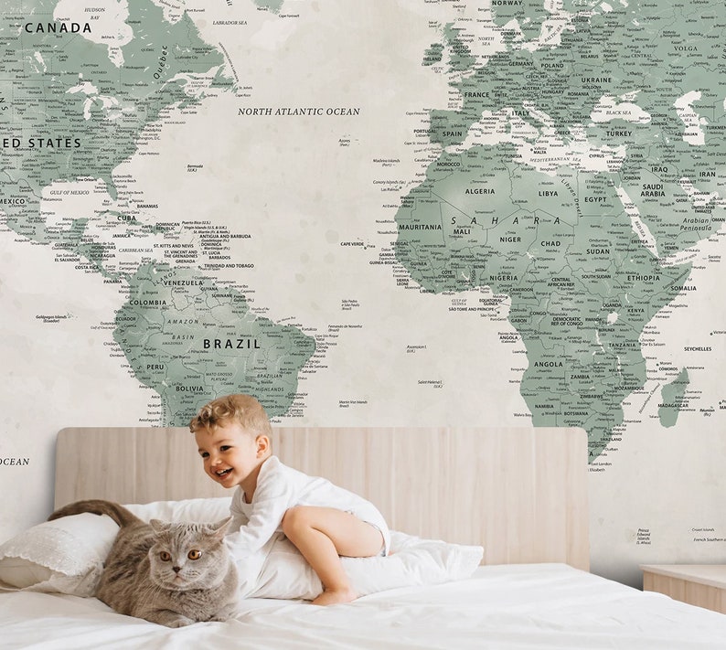 Kids World Map Wallpaper: Peel and Stick Nursery Wall Mural - Etsy