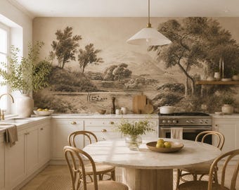 Vintage Sepia Landscape Wallpaper, Scenic Nature Mural, Classic Country Decor
