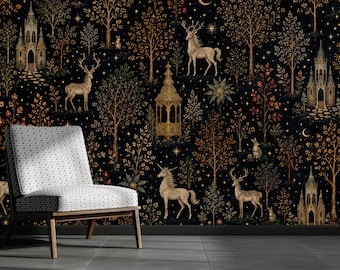 Dark Enchanted Forest Wallpaper, Gold Deer, Unicorn, Gothic Castles (Customizable)