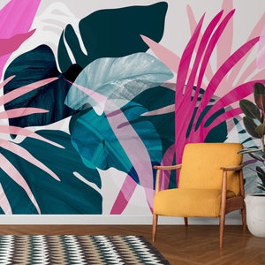 Tropische Kunst Tapete, Schälen und Aufkleben Buntes Palmenblätter Wandbild, Botanische Abstrakte Kunst Selbstklebende Abnehmbare Tapete