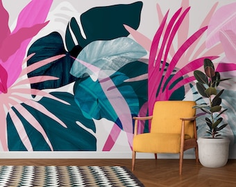 Tropical Art Wallpaper, Peel and Stick Colorful Palm Leaves Wall Mural, Botanical Abstract Art Self Adhesive Removable Wallpaper