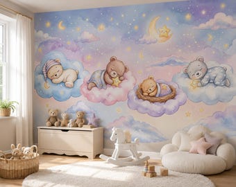 Sleepy Teddy Bears Cloud Nursery Mural, Gentle Dreams Removable Wallpaper