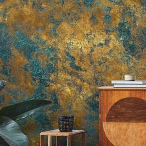 Roestig koper noodlijdend metaal goud ijzer behang, abstracte retro design grunge textuur met verschillende groene en gouden patronen muur muurschildering afbeelding 3