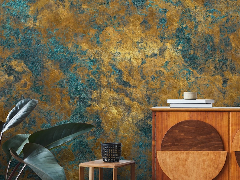 Roestig koper noodlijdend metaal goud ijzer behang, abstracte retro design grunge textuur met verschillende groene en gouden patronen muur muurschildering afbeelding 3