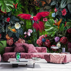 Tropical Flowers Wallpaper, Rainforest Peel and Stick Floral Wall Mural, Botanical Self Adhesive Removable Wallpaper