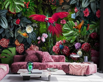 Tropische bloemen behang, regenwoud schil en plak bloemen muur muurschildering, botanisch zelfklevend verwijderbaar behang