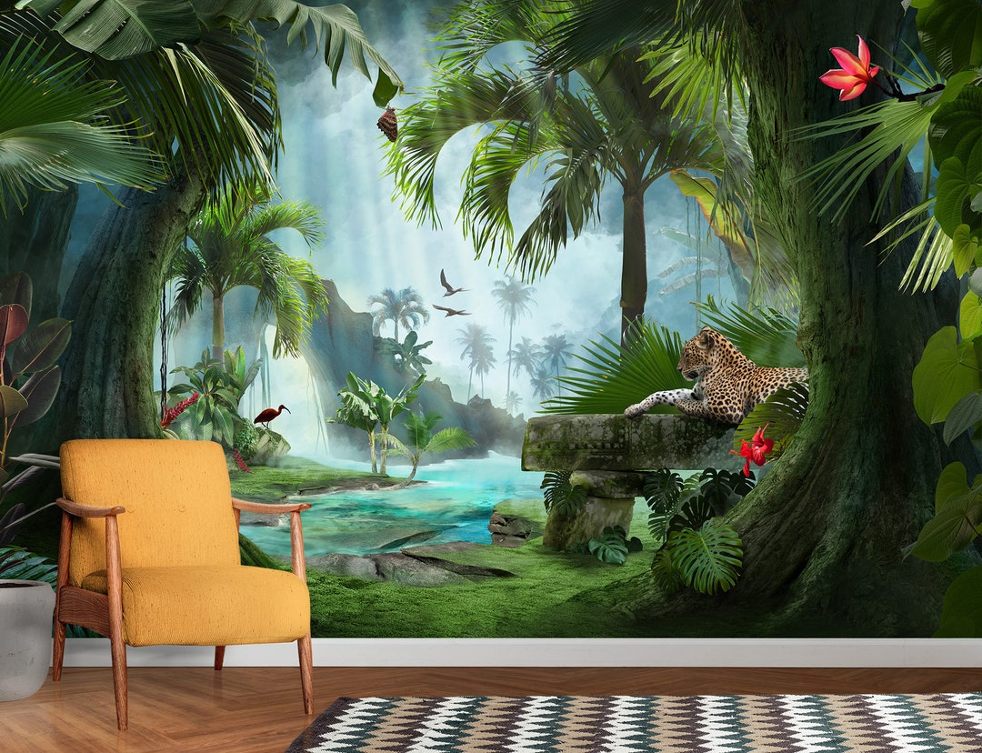 Rainforest Tropical Wallpaper, Jungle Animals Peel and Stick Wall Mural ...