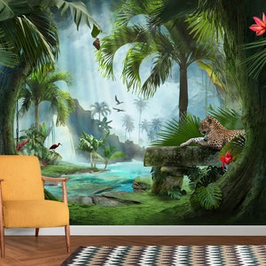 Papier peint tropical de forêt tropicale, décoration murale animaux de la jungle, papier peint autocollant amovible