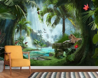 Rainforest Tropical Wallpaper, Jungle Animals Peel and Stick Wall Mural, Self Adhesive Removable Wallpaper