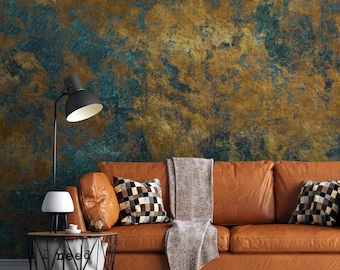 Roestig koper noodlijdend metaal goud ijzer behang, abstracte retro design grunge textuur met verschillende groene en gouden patronen muur muurschildering