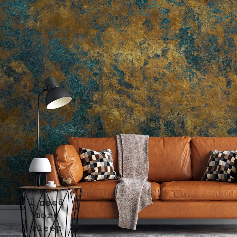 Roestig koper noodlijdend metaal goud ijzer behang, abstracte retro design grunge textuur met verschillende groene en gouden patronen muur muurschildering afbeelding 1