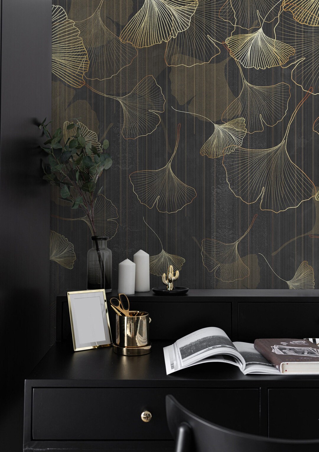 Gold Leafs Wallpaper, Peel and Stick Luxury Elegance Pattern Wall Mural