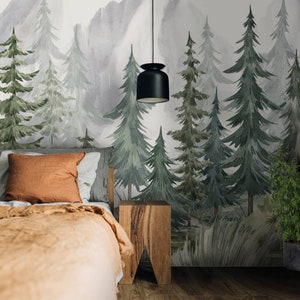 Watercolor Mountain Forest Wallpaper: Hand-Drawn Trees Peel and Stick Mural