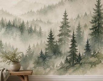 Misty Pine Forest Wall Mural | Foggy Watercolor Woodland Wallpaper | Scandinavian Japandi Bedroom & Living Room