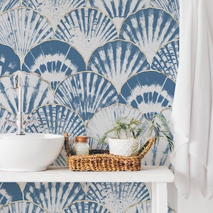 Behang met schelppatroon, blauwgoud Peel and Stick-muurschildering