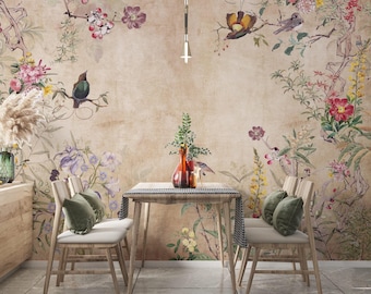 Vintage Chinoiserie Wallpaper: Retro Floral Birds Peel and Stick Wall Mural