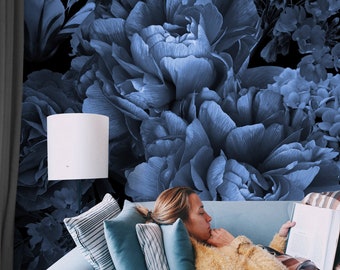 Blue Floral Wallpaper, Vintage Botanical Peel and Stick Wall Mural
