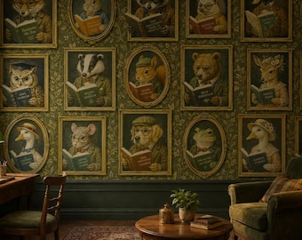 Dark Academia Wallpaper, Vintage Woodland Animal Portraits, Antique Gold Frame Wallpaper, Whimsical Library Decor