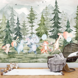 Forest Animal Nursery Wallpaper – Watercolor Kids Mural, Peel and Stick Woodland Wall Decor